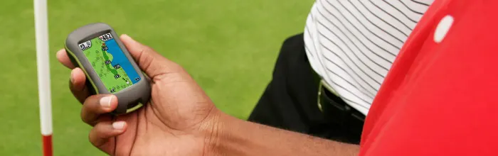 A rugged, waterproof, handheld, golf GPS system